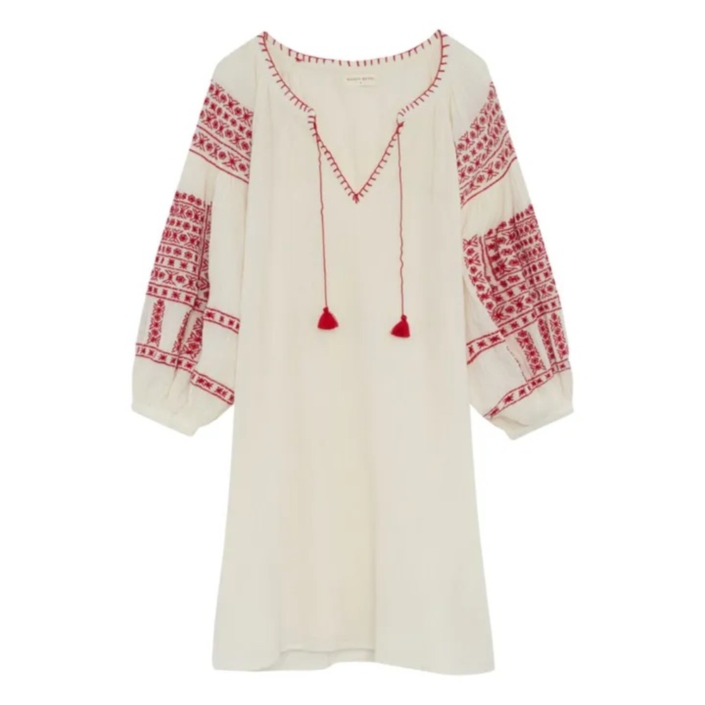 Embroidered Long Sleeve Peasant Dress in Cream and Red